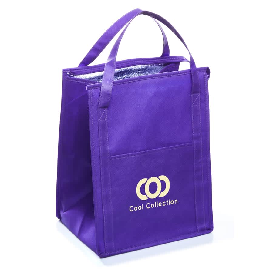 A purple insulated grocery tote with sturdy handles and a silver interior, featuring a logo on the front.