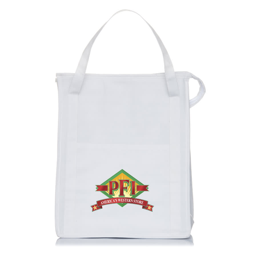 A white insulated grocery tote with a multi-coloured logo on the front and two handles.