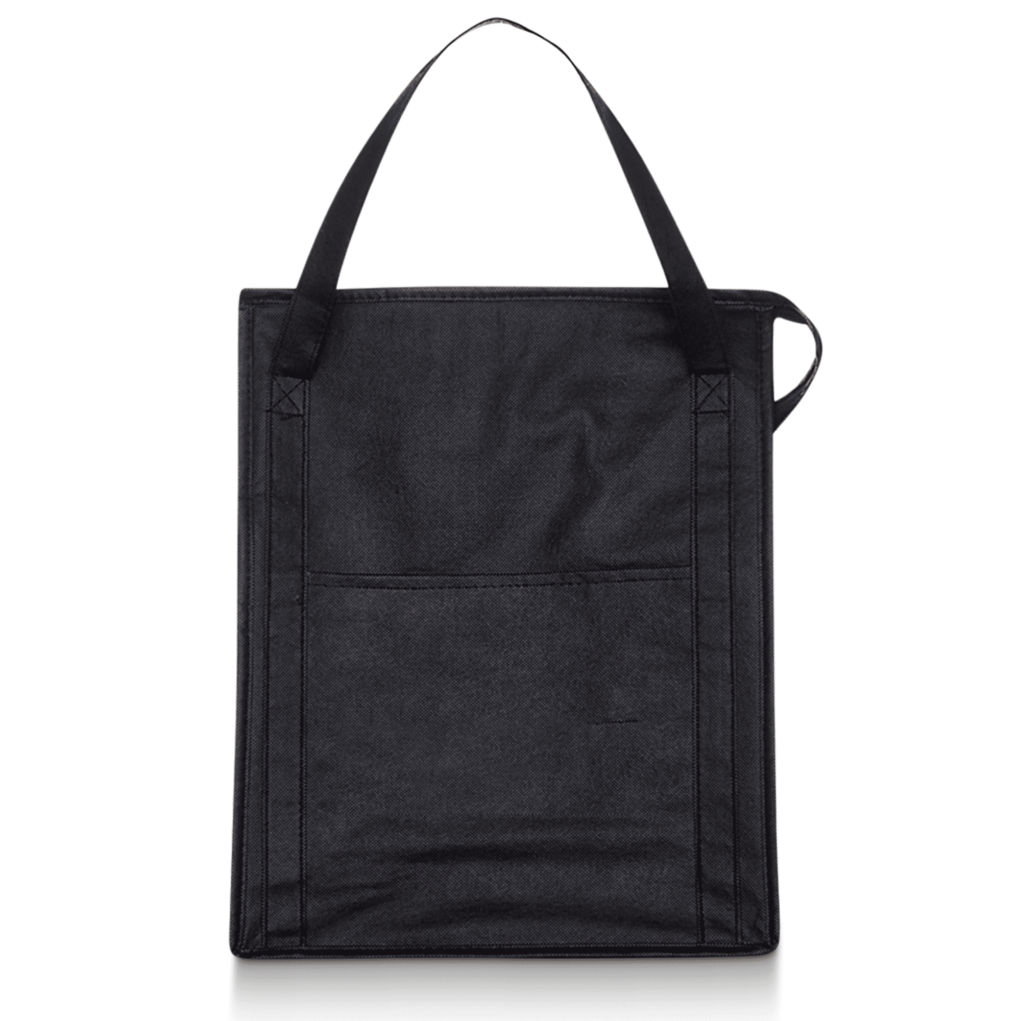 A black insulated grocery tote with two handles and a side pocket. It has a smooth texture and features a logo.