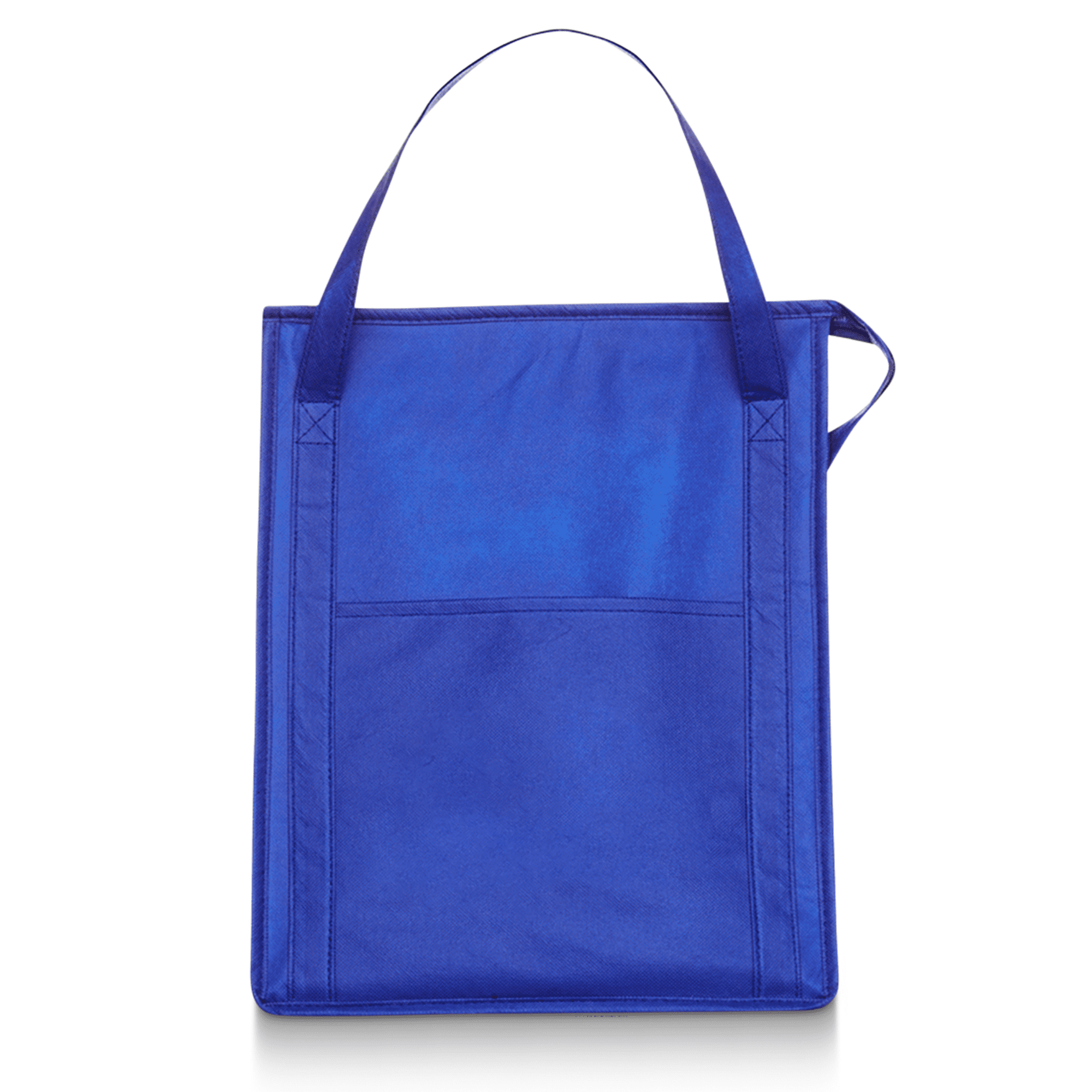 A blue insulated grocery tote with two handles and a side pocket, featuring a logo.