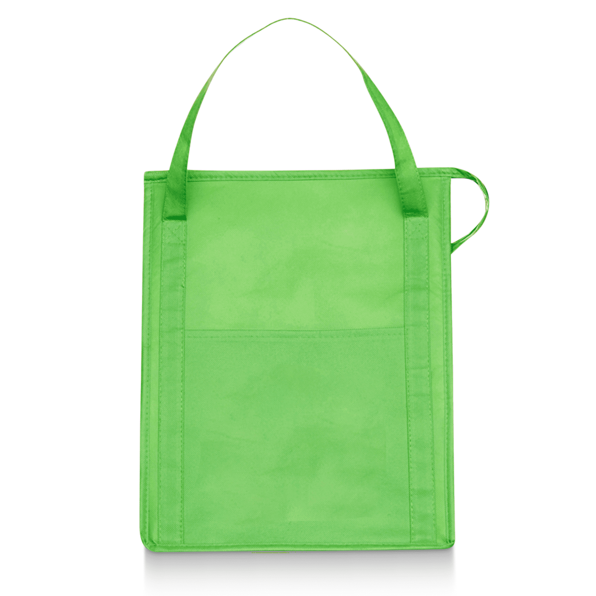 A bright green insulated grocery tote with two handle straps and a side loop, featuring a simple design and sturdy construction.