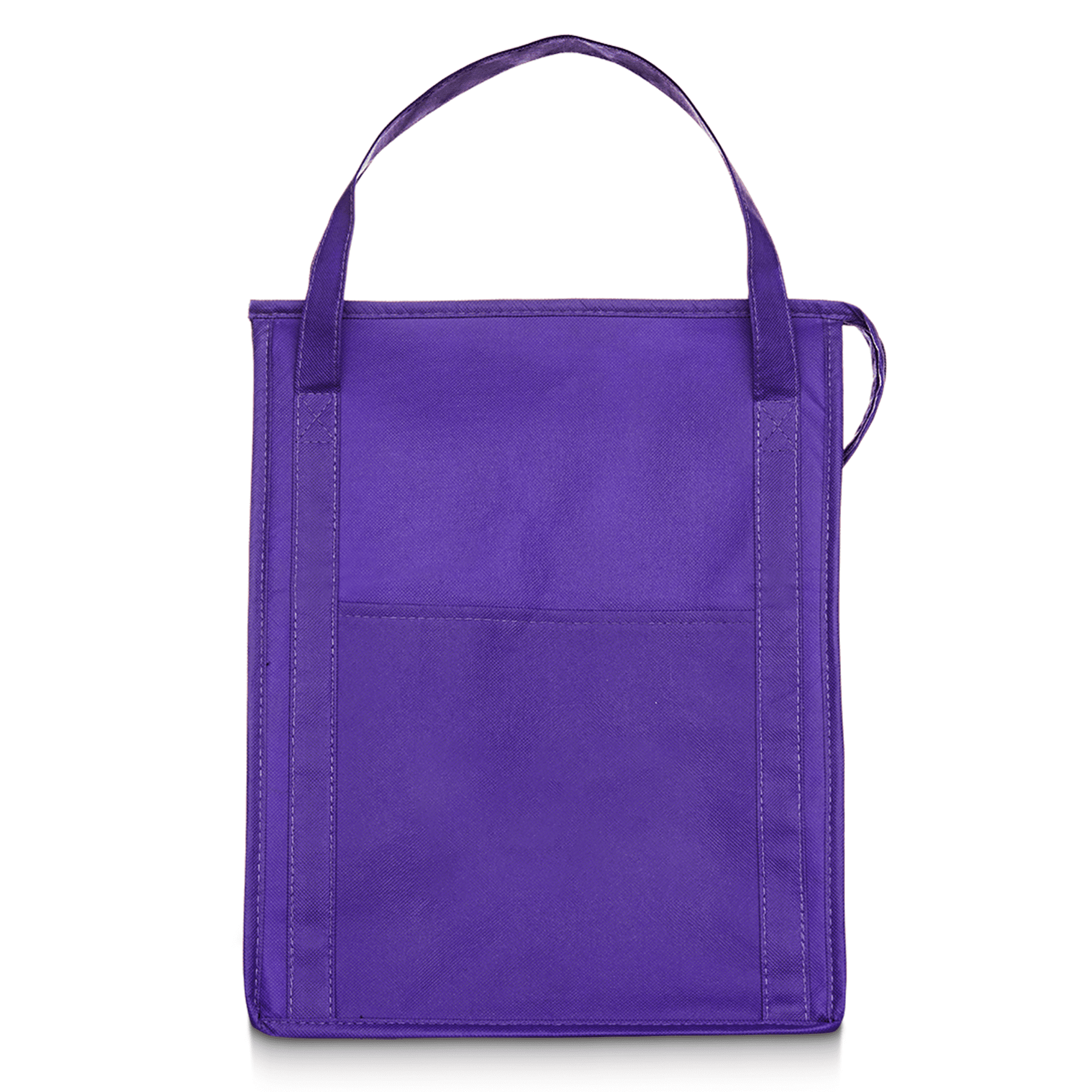 A purple insulated grocery tote with two handles and a simple design. It features a small outer pocket.