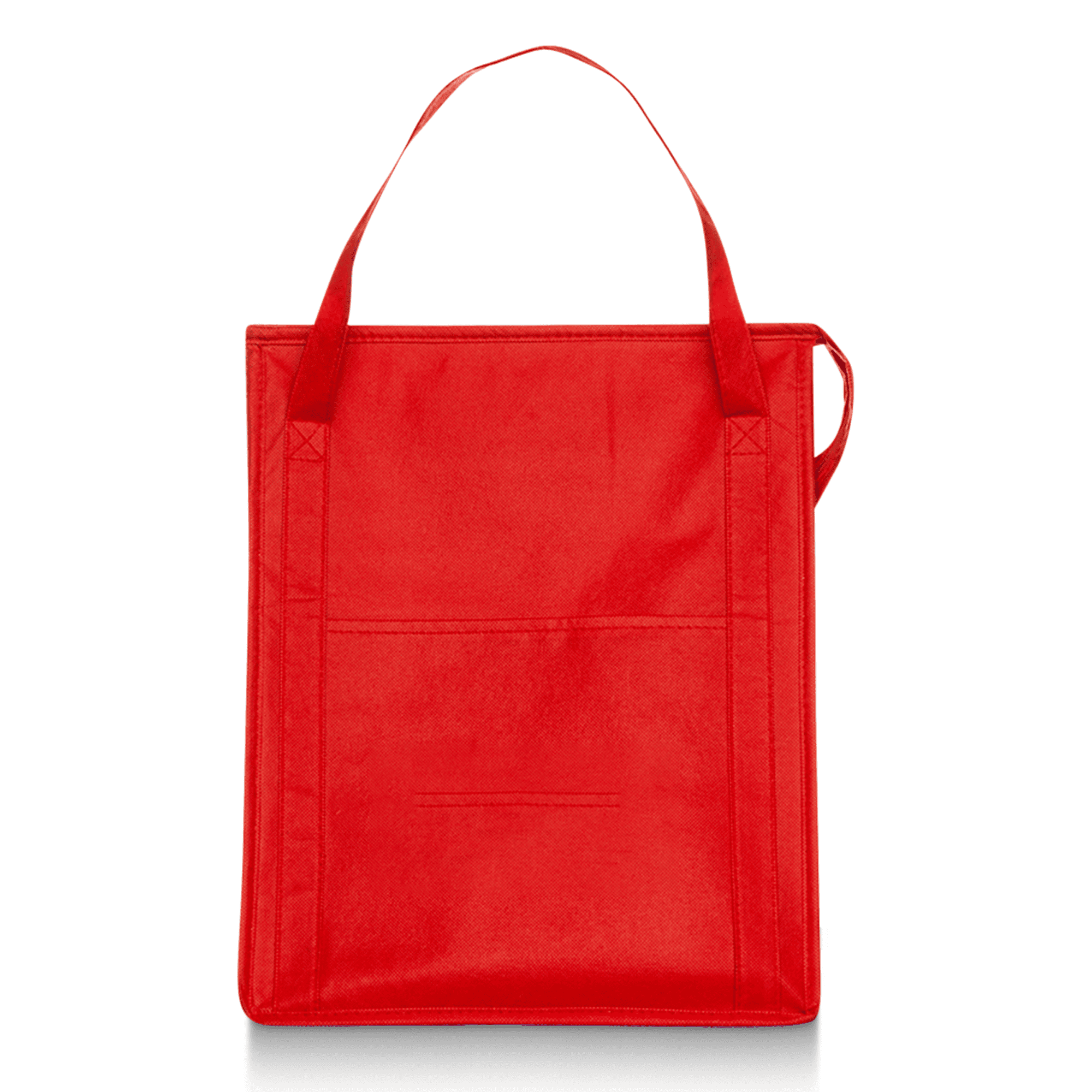 A red insulated grocery tote with two handles and a simple design. Features a logo on the front.