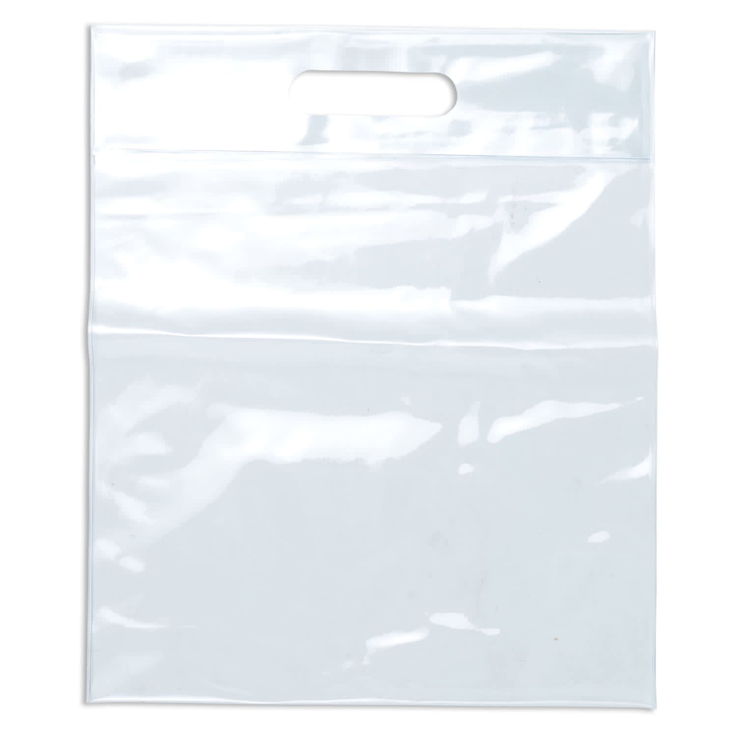 A clear tote bag with a handle, featuring a transparent design suitable for showcasing contents.