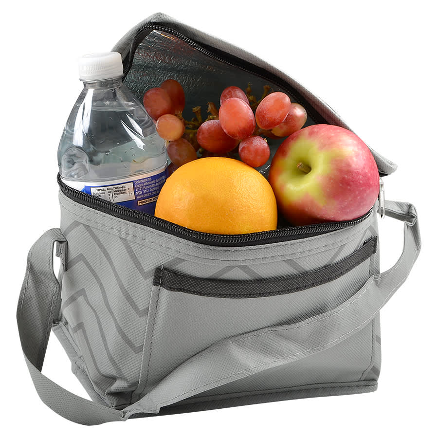 A grey cooler bag containing a water bottle, grapes, an apple, and an orange, with a shoulder strap.