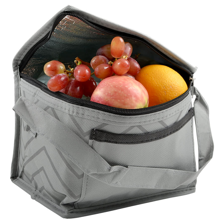 A grey cooler bag with a zippered opening, filled with an apple, orange, and grapes, showing its insulated interior.