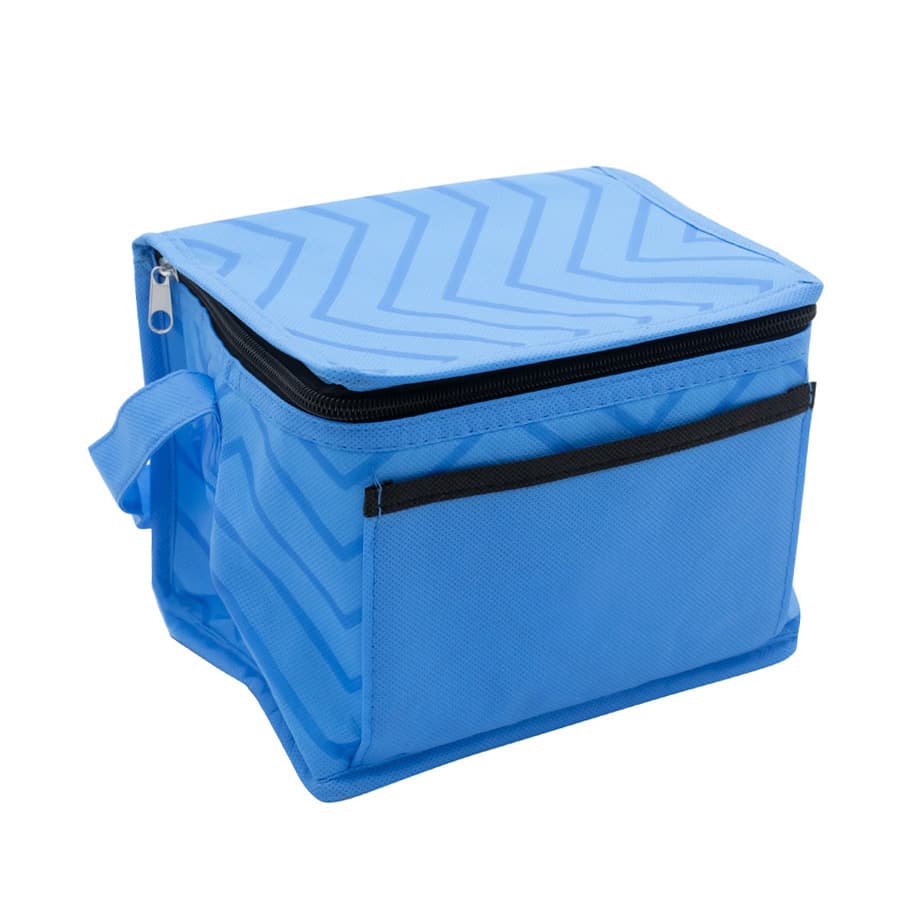 A blue insulated cooler bag with a zippered top and a front pocket, featuring a chevron pattern.
