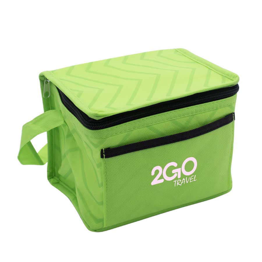 A green cooler bag with a zippered closure and a side handle, featuring a logo on the front.