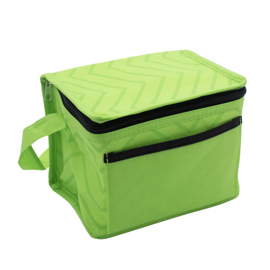 A green cooler bag with a zippered top and a front pocket, featuring a handle for easy carrying.