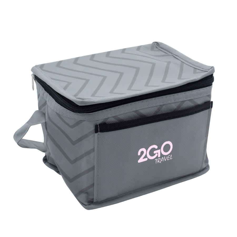 A grey cooler bag with a chevron pattern and a side pocket, featuring a logo on the front.