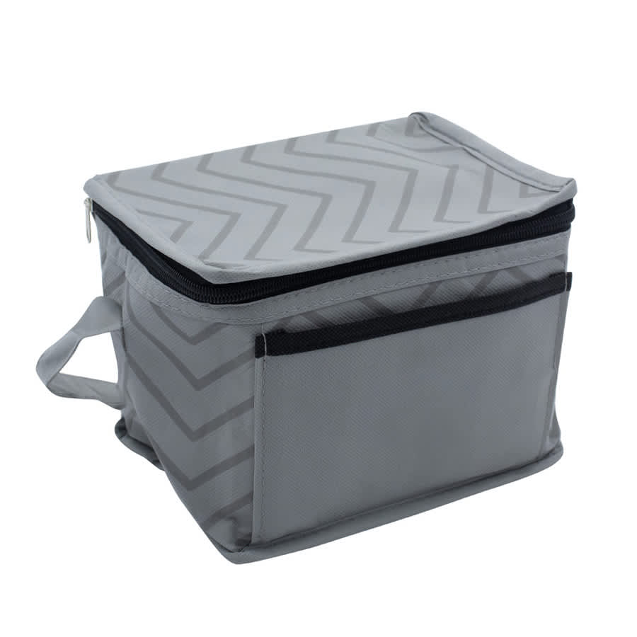 A grey cooler bag with a chevron pattern, featuring a zippered top and a front pocket. It has an attached handle.