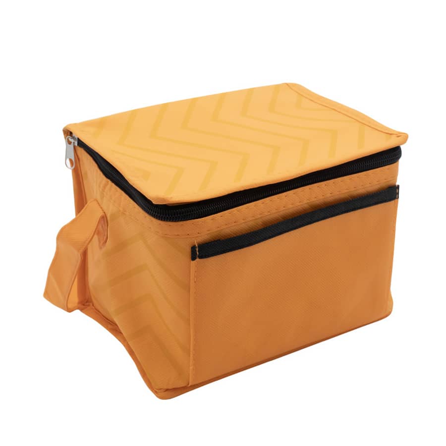 An orange lunch cooler bag with a zippered top and a side handle for easy carrying. It features a chevron pattern.