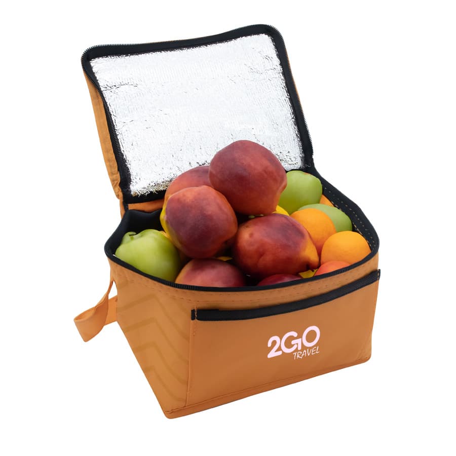 A cooler bag in orange, open and filled with various fresh fruits, featuring a silver insulated interior and a logo.
