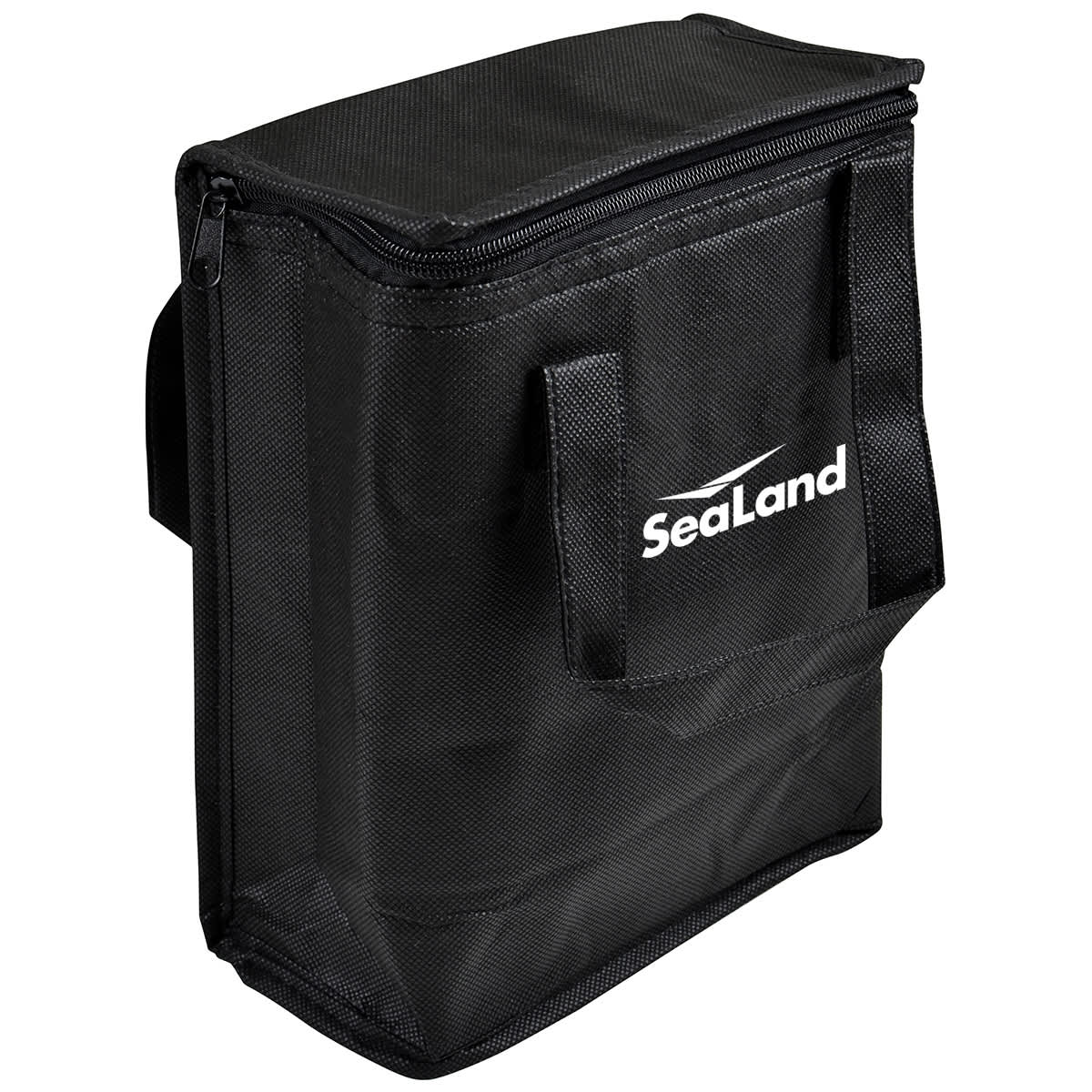 A black cooler bag with a zip closure and carrying handles. It features a logo on the front.