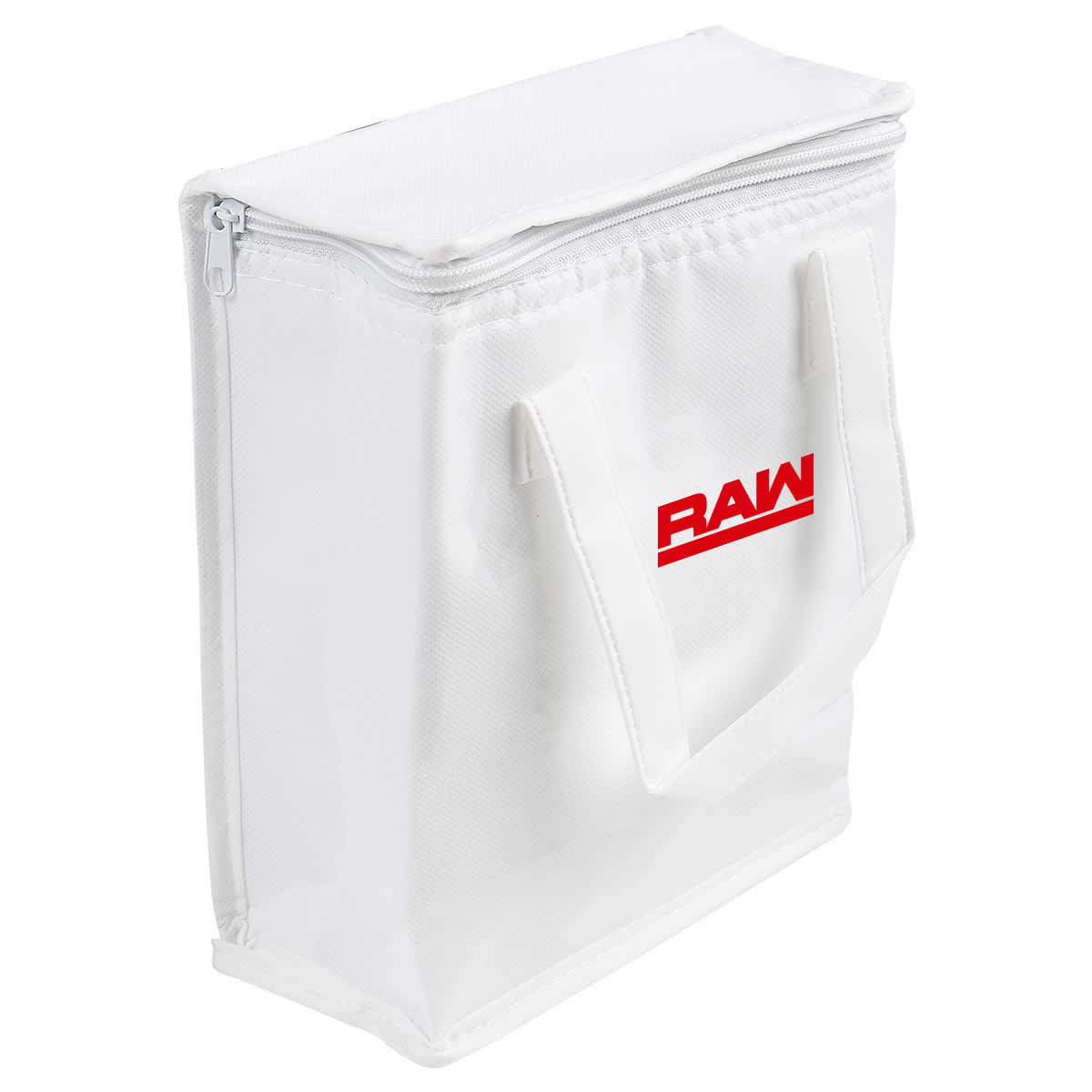 A white cooler bag with a zip closure and two handles, featuring a logo on the front.