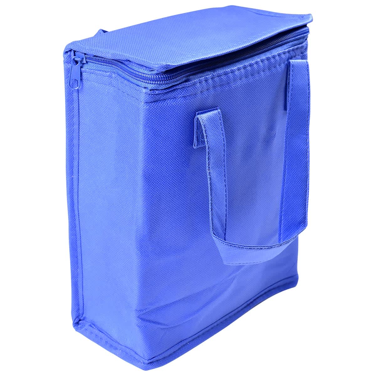 A blue cooler bag with a zip closure and two handles, suitable for transporting snacks and drinks.