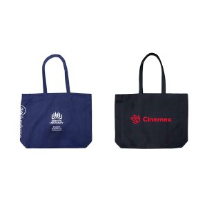 A navy tote bag with a logo and a black tote bag featuring a logo. Both are spacious and reusable.