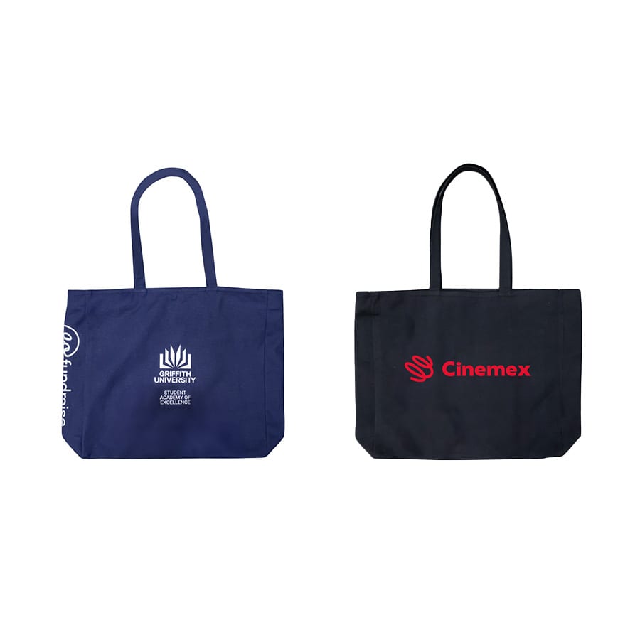 A navy tote bag with a logo and a black tote bag featuring a logo. Both are spacious and reusable.