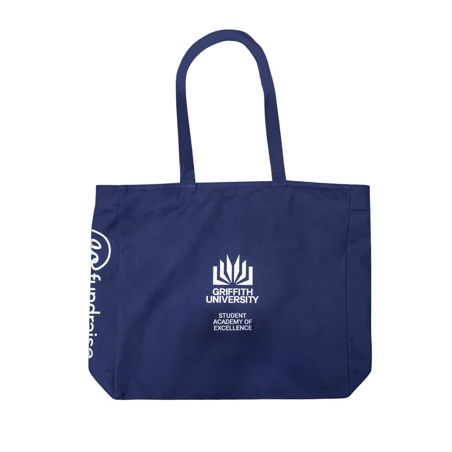 A navy recycled tote bag with a logo and text. It has sturdy handles and a spacious design.