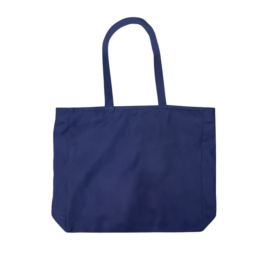 A navy blue tote bag with two handles and a logo visible on the side.