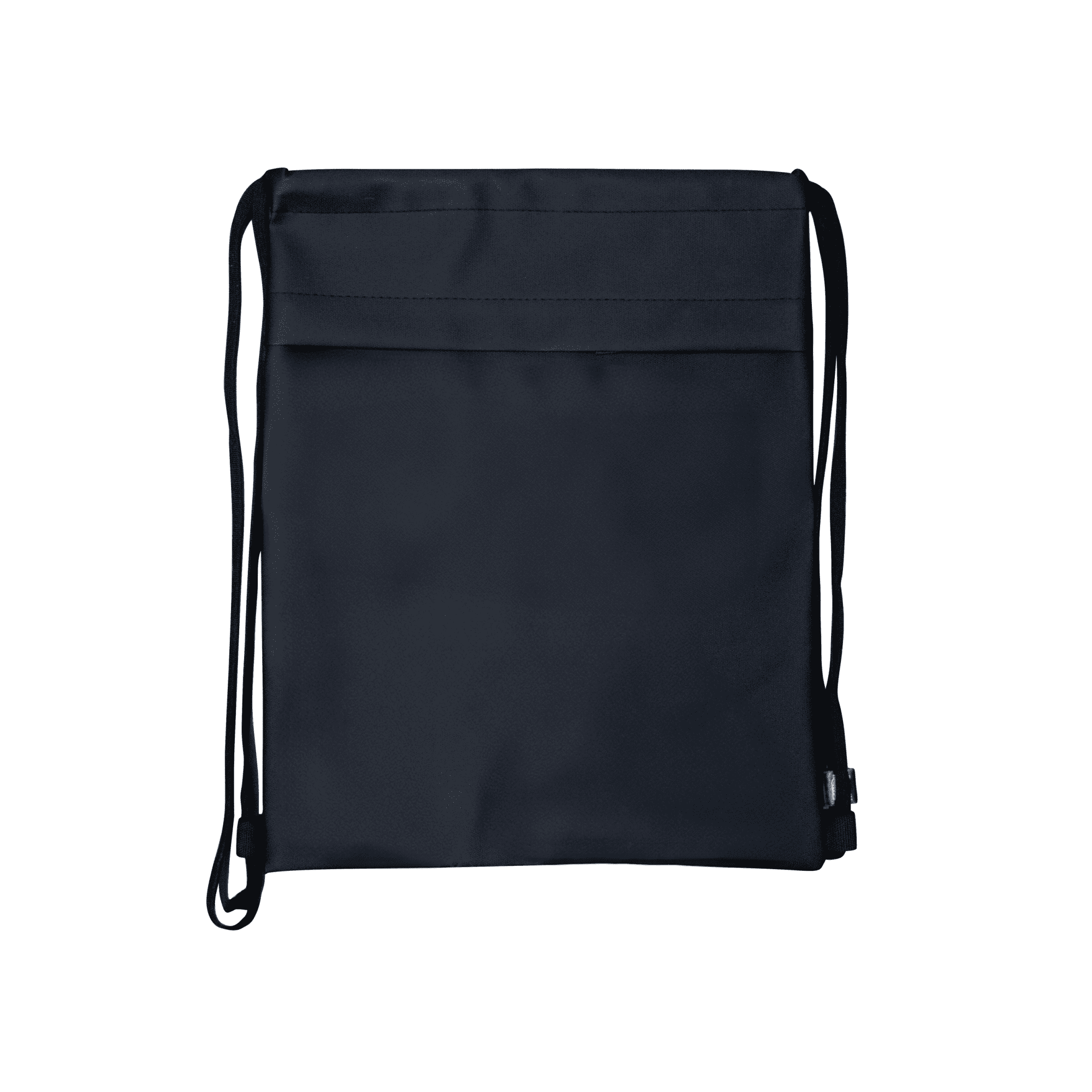 A navy drawstring bag with a simple design and adjustable straps, featuring a logo at the corner.