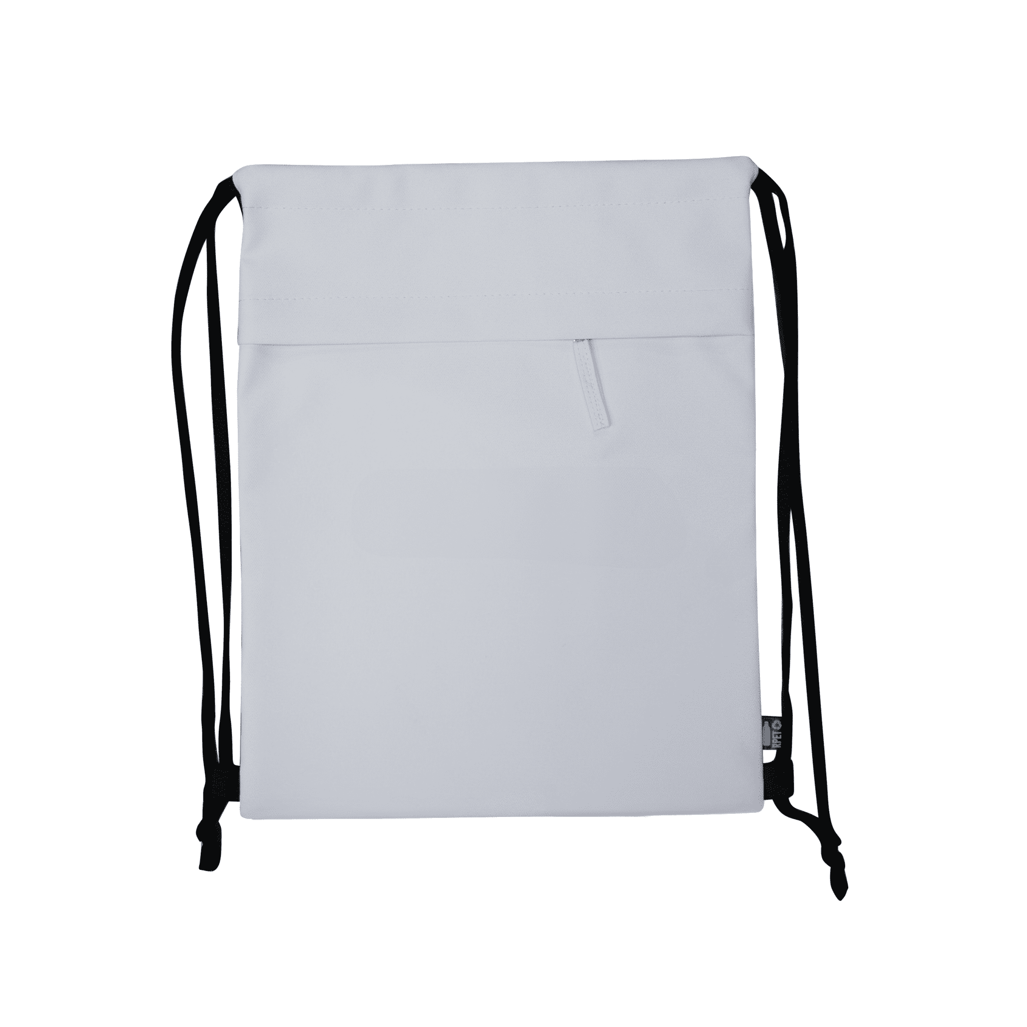 A white drawstring bag with black straps, featuring a zippered pocket and a logo.
