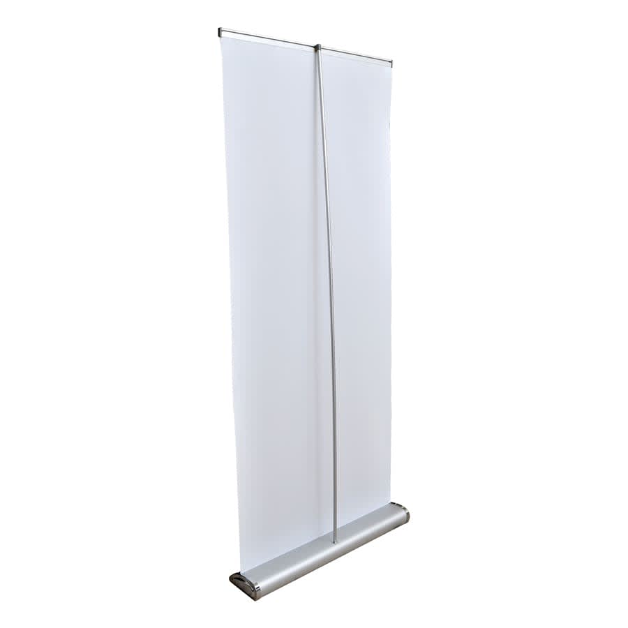 A white 850mm roll-up banner with a silver base and support pole, featuring a simple design.
