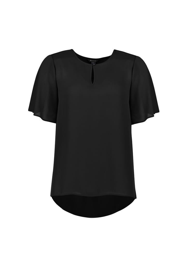 A black short sleeve blouse with a keyhole detail at the neckline and flowing sleeves, featuring a logo.