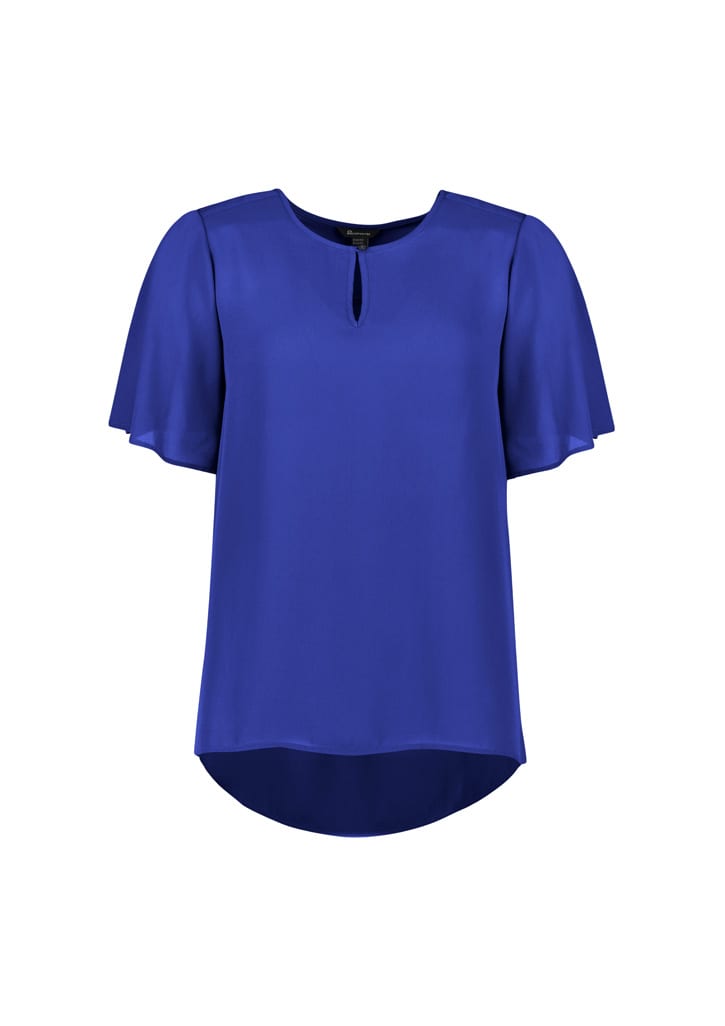 A blue women's short sleeve blouse with a keyhole detail and a flowing hemline. It features a logo.