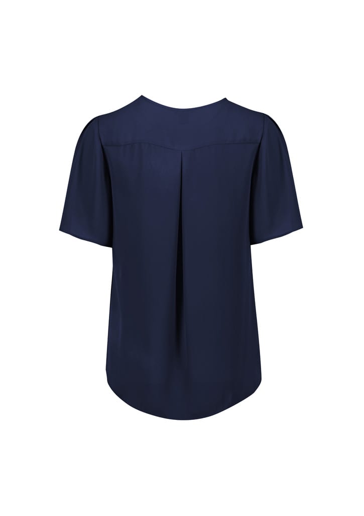 A navy blue women’s short sleeve blouse with a pleated back design and a logo.