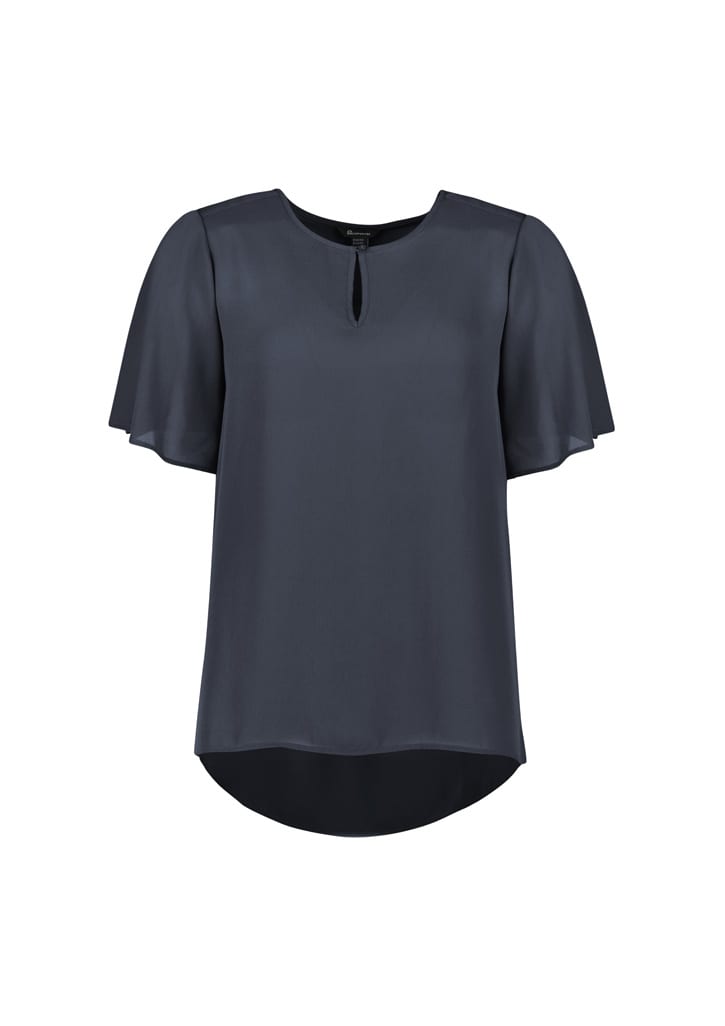 A short sleeve blouse in dark blue, featuring a keyhole neckline and a relaxed fit. It has a branding logo.