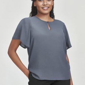 A grey short sleeve blouse with a round neck and keyhole detail, featuring a logo on the side.