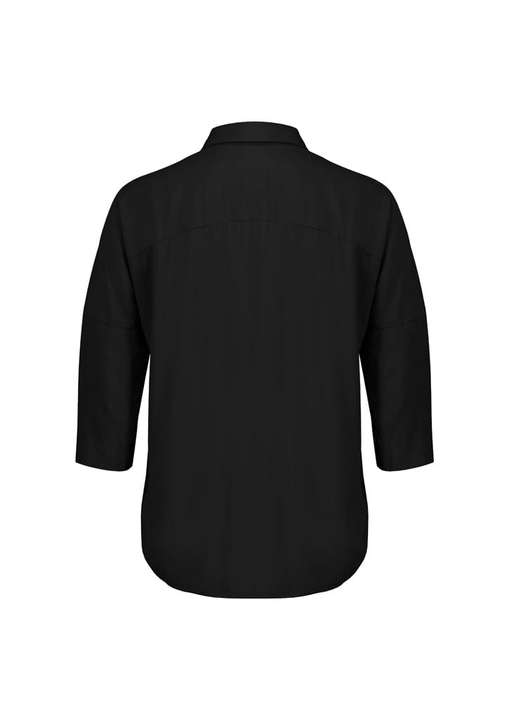 A black 3/4 sleeve blouse with a collar, featuring a back yoke detail and a loose fit. It has a simple design with no visible branding.
