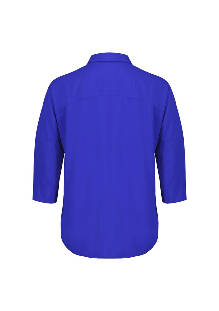 A blue women's blouse with 3/4 sleeves, featuring a collared neckline and a relaxed fit. It has a branding logo.