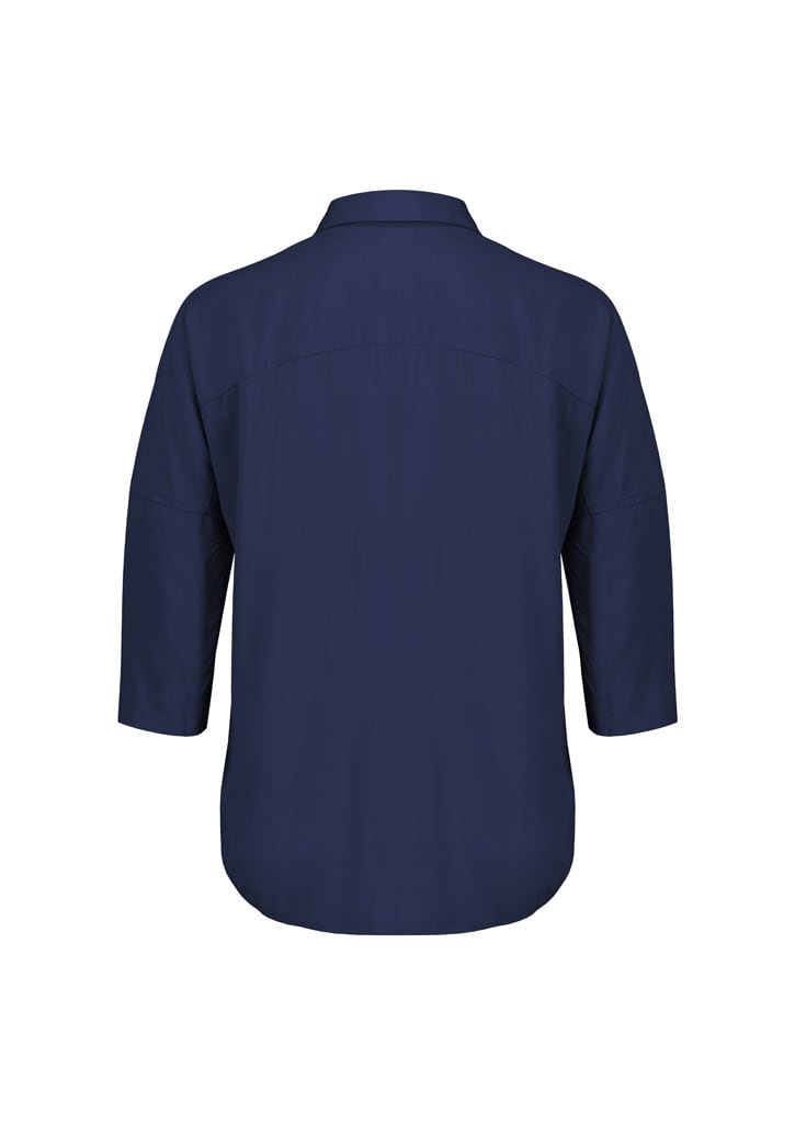 A navy blue women's blouse with 3/4 sleeves and a classic collar, featuring a smooth back design.