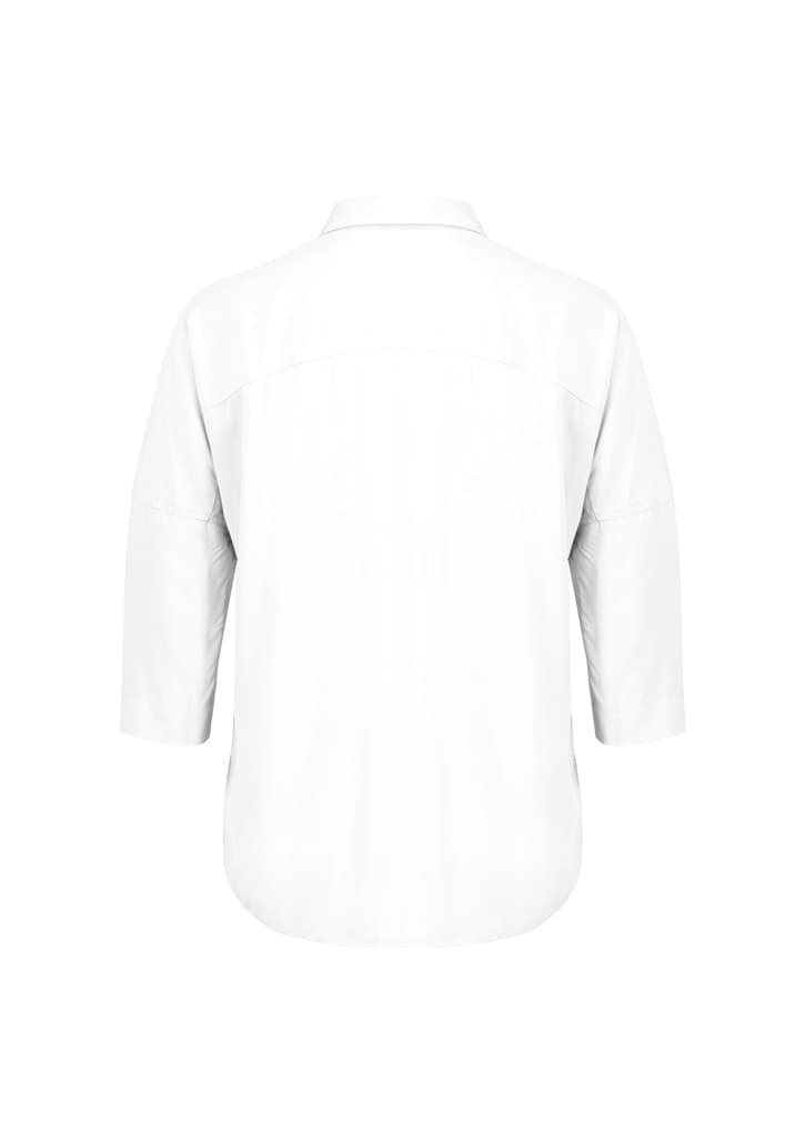 A white women's blouse with 3/4 sleeves and a back yoke detail, featuring a subtle logo.
