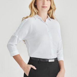A white 3/4 sleeve blouse is displayed, featuring a collared neckline and button front, paired with black pants.