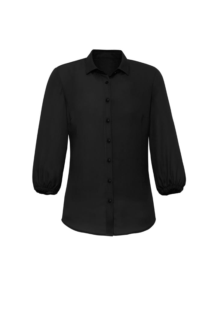A black 3/4 sleeve blouse with buttons and a collar, featuring puffed sleeves.