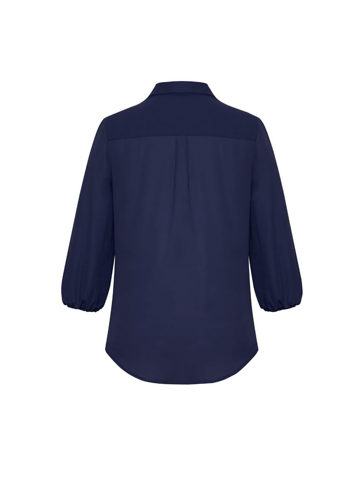 A navy blue women's blouse with 3/4 sleeves and a relaxed fit at the back, featuring a simple design.