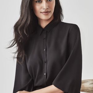 A black 3/4 sleeve blouse with a collar and button-up front, featuring a subtle branding logo.