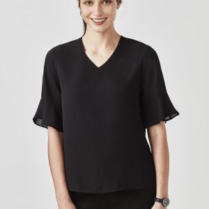A black fluted sleeve blouse displayed on a model, featuring a V-neck and a sleek design. It includes a logo.