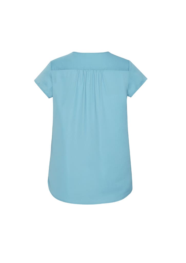 A light blue women's blouse with a V-neck and pleat detailing at the back.