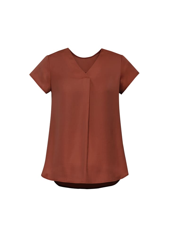 A women's rust V-neck pleat blouse with short sleeves and a relaxed fit, featuring a subtle pleat detail.