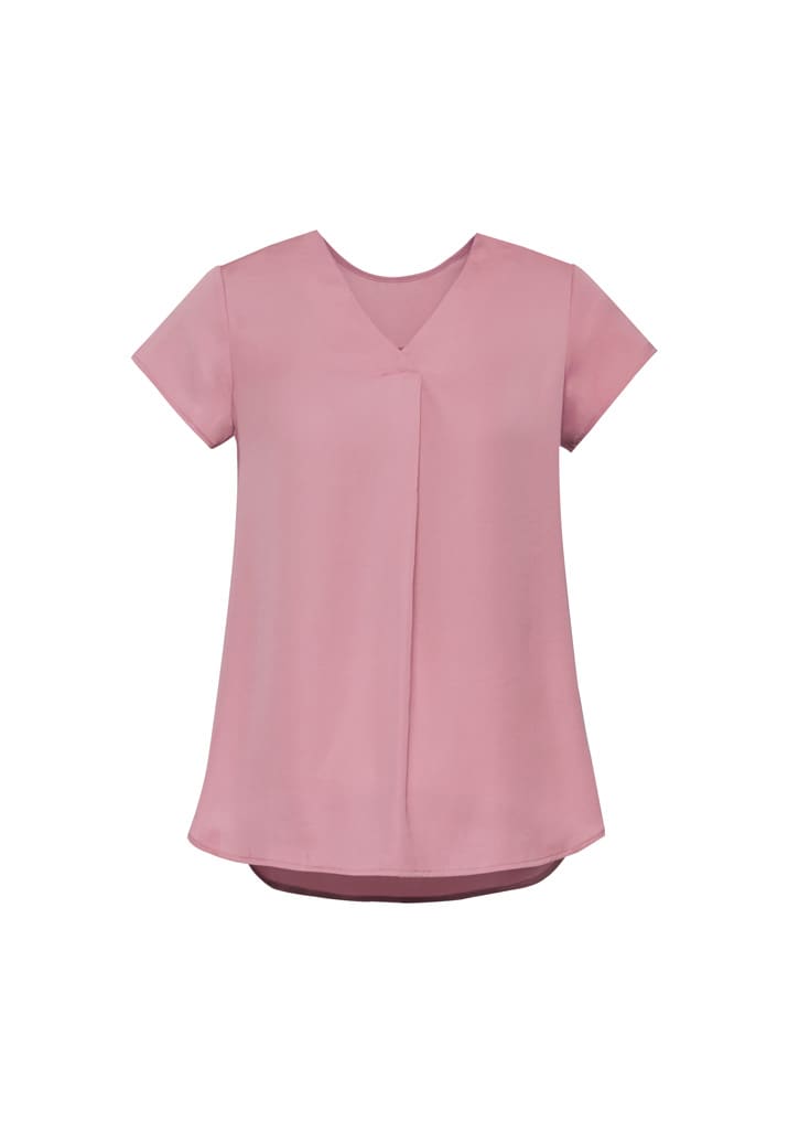 A pink women's V-neck blouse with short sleeves and a pleat detail, featuring a simple, elegant design.