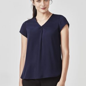 A navy blue women's blouse featuring a V-neck and pleat detail, styled with short sleeves and a relaxed fit.