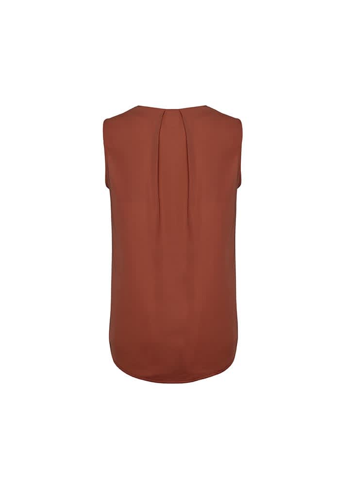 A sleeveless blouse in rust with pleat detailing at the back. The fabric is smooth and has a relaxed fit.