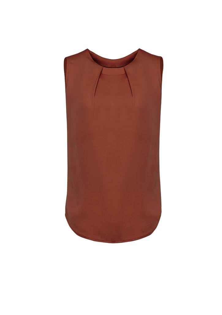 A sleeveless blouse in a warm rust colour featuring pleat detail at the front and a rounded hem.