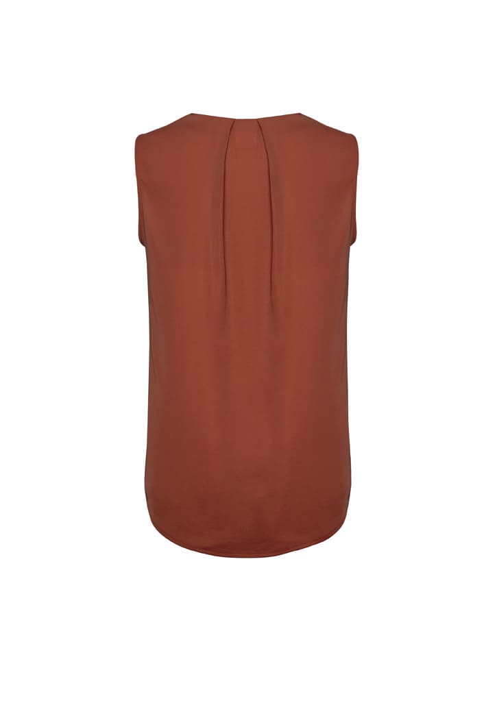 A sleeveless blouse in rust colour featuring pleat detail at the back and a smooth finish.