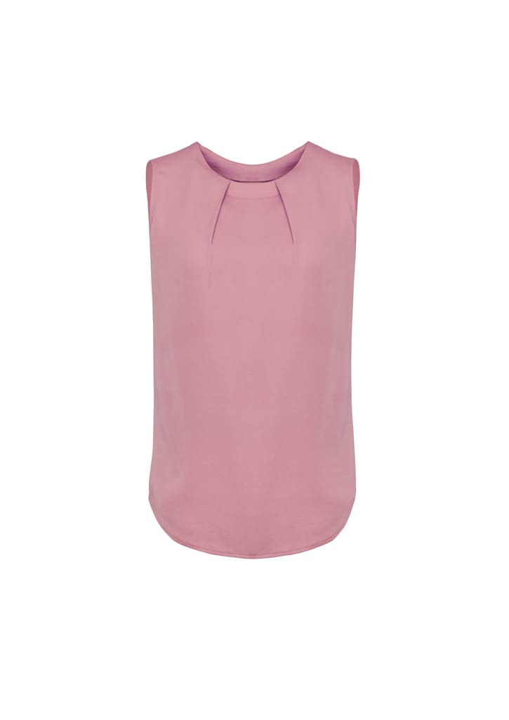 A pink, sleeveless blouse featuring pleat details, with a rounded neckline and a straight hem.