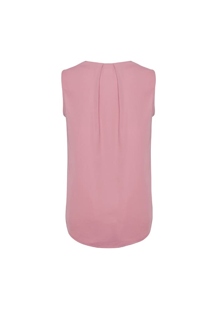 A pink sleeveless blouse featuring pleat details on the back, showcasing a simple and elegant design.